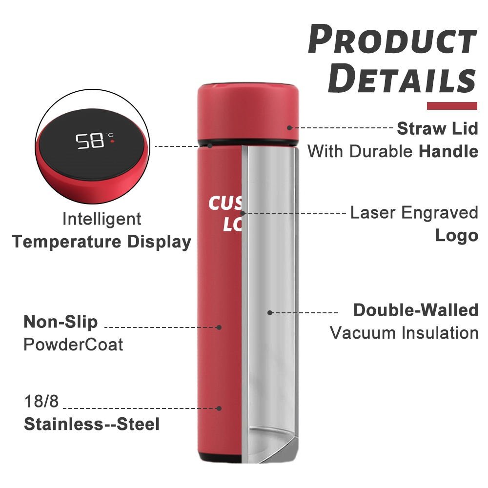 Customized 500ml/17OZ Smart Water Bottle Led Display Stainless Steel Vacuum Flask Smart Temperature Display Digital Flask