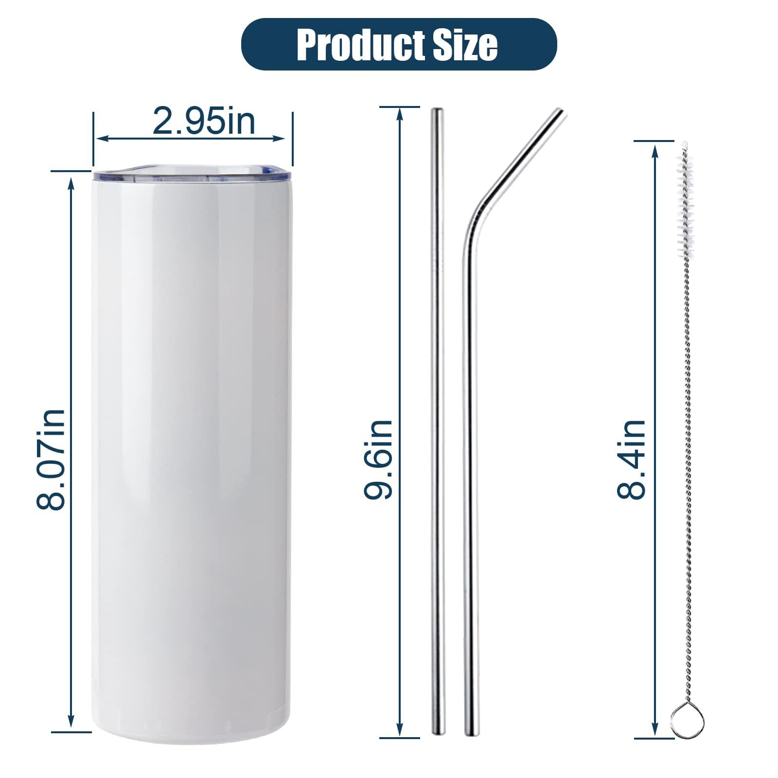 20 oz White Skinny Tumbler Drink Cups Double Walled Straight Sublimation Water Bottle with Straw