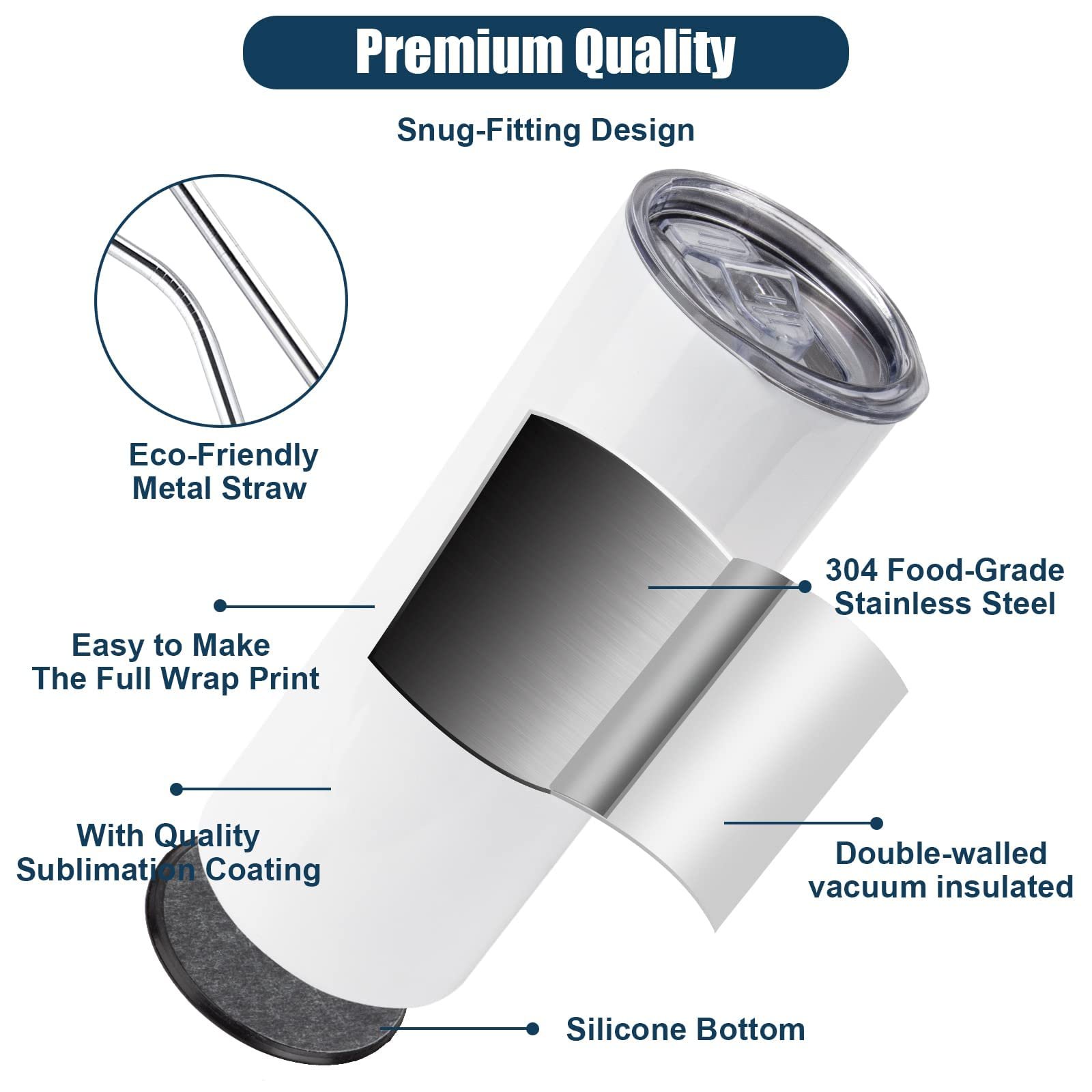 20 oz White Skinny Tumbler Drink Cups Double Walled Straight Sublimation Water Bottle with Straw