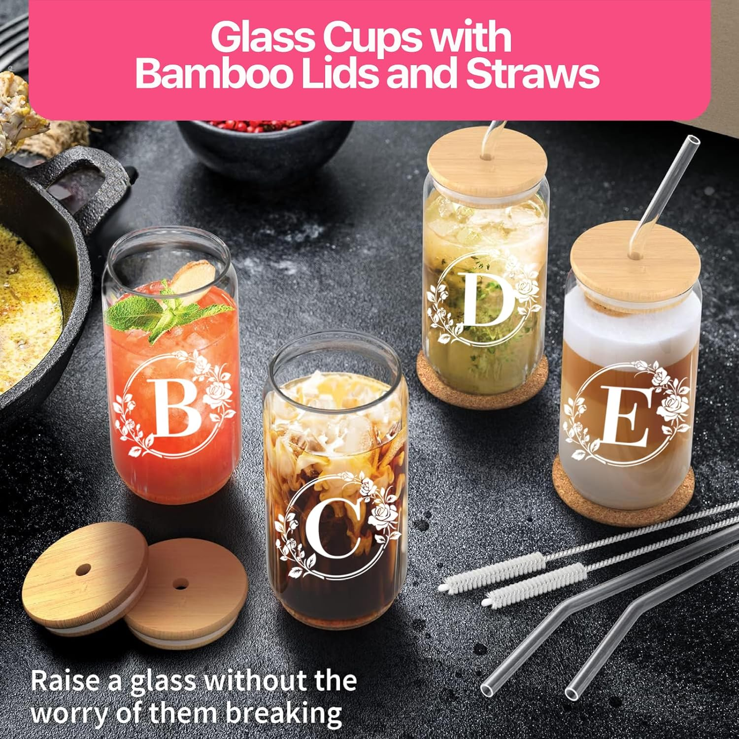 Wholesale High Quality glass cups with lids and straws 16oz High borosilicate coffee glass with letter logo glass mug