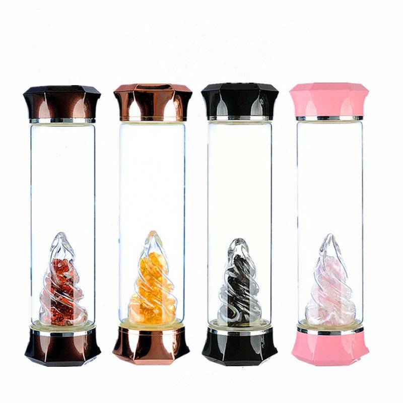 Gemstone Crystal Drink Water Bottle with Loose Natural Gem Stones Rose Quartz Obsidian or Amethyst Water Bottle