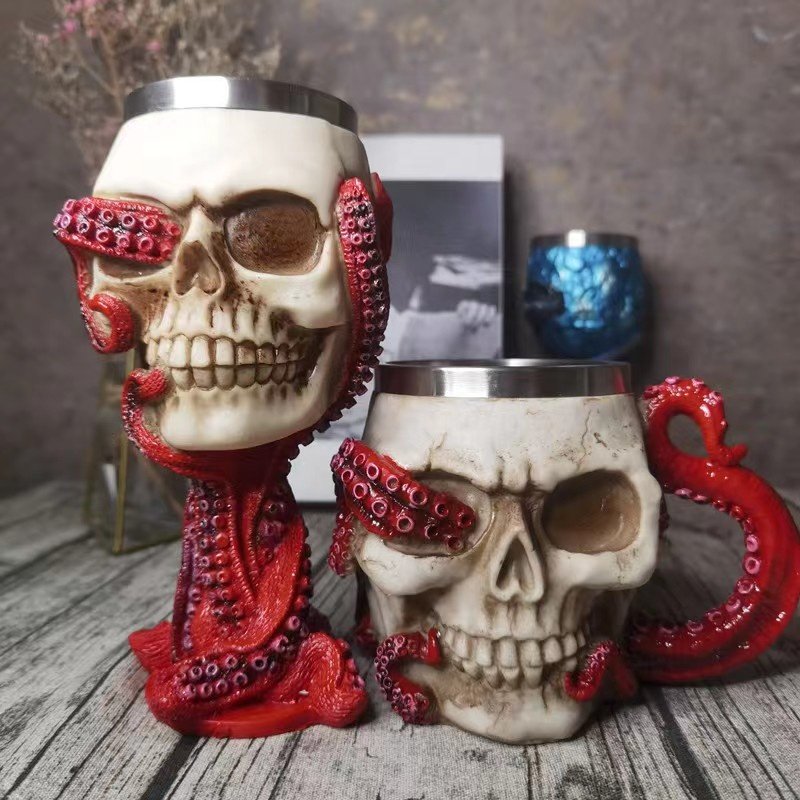 Wholesale 400ML Resin Engrave Skull Mug With Octopus Tentacle Personalized Halloween Vacuum Tumbler Carving Skull Coffee Mug