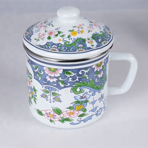 high-capacity Ethnic characteris flowers tea Mug with lid 22Oz 650ml Enamel Stainless Steel Lip Soup Cup Kitchen home Out use