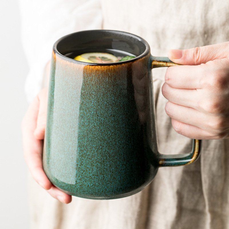 Handmade Retro Large Ceramic Mug with Lid Blue Coffee Mugs and Spoon Vintage Diner Cup for Drinks and Tea