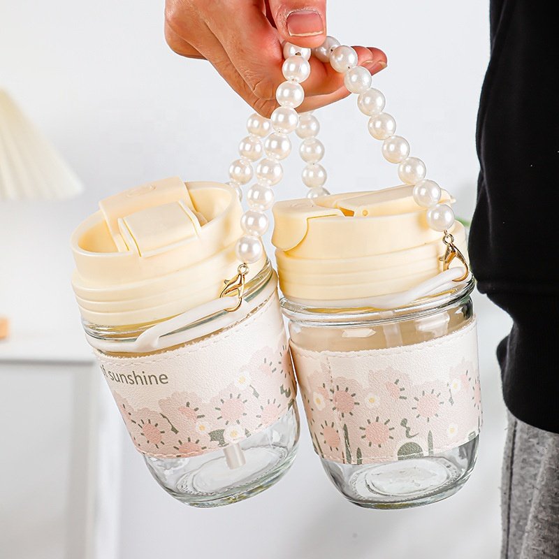 Lakuna 2024 Modern Pearl Water Cup 350ML Straw Cup Girls Water Coffee Cup Glass Water Bottle Cute Business Gift