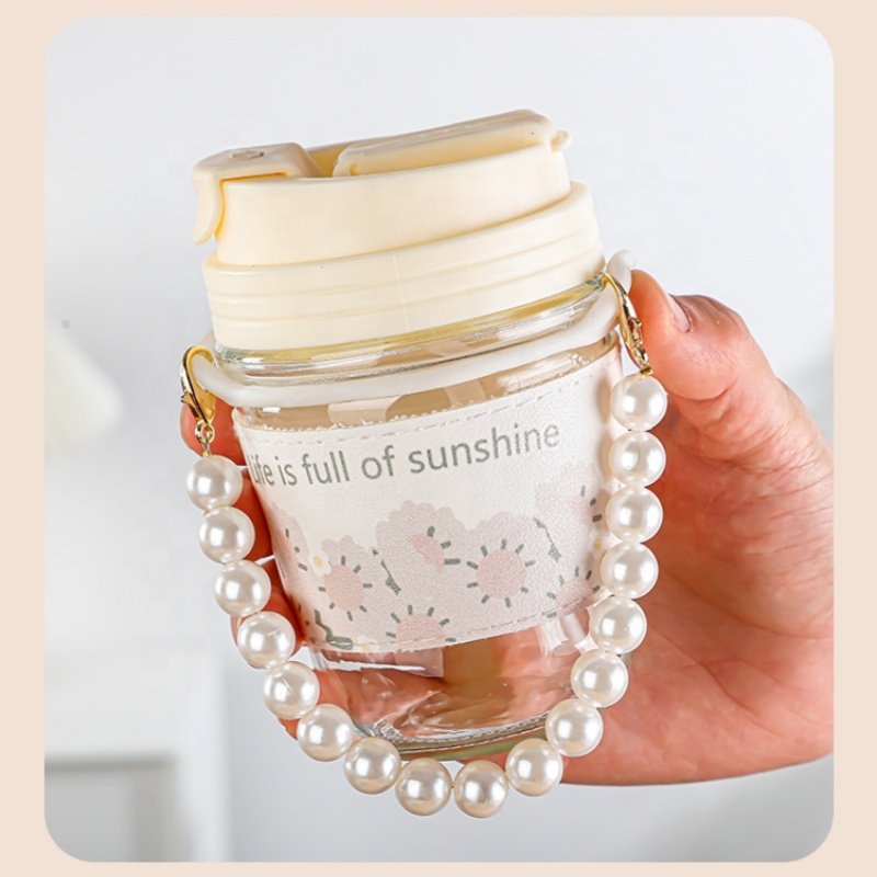 Lakuna 2024 Modern Pearl Water Cup 350ML Straw Cup Girls Water Coffee Cup Glass Water Bottle Cute Business Gift