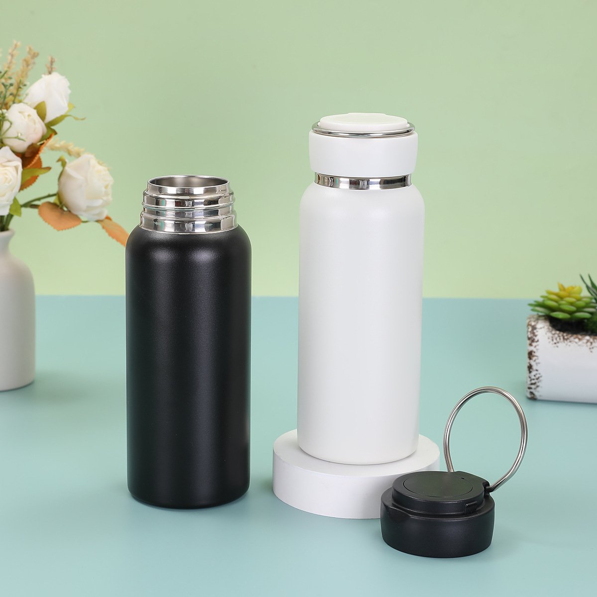 Custom 316 stainless steel vacuum flasks portable double wall insulated thermal water bottle with handle and tea infuser