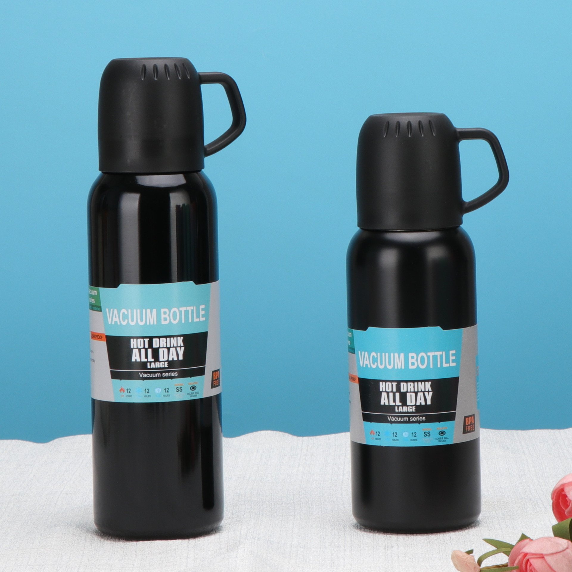 hot sale gift double wall water bottle stainless steel 500ml bullet thermo vacuum flask set termos with 2 cups customized colors