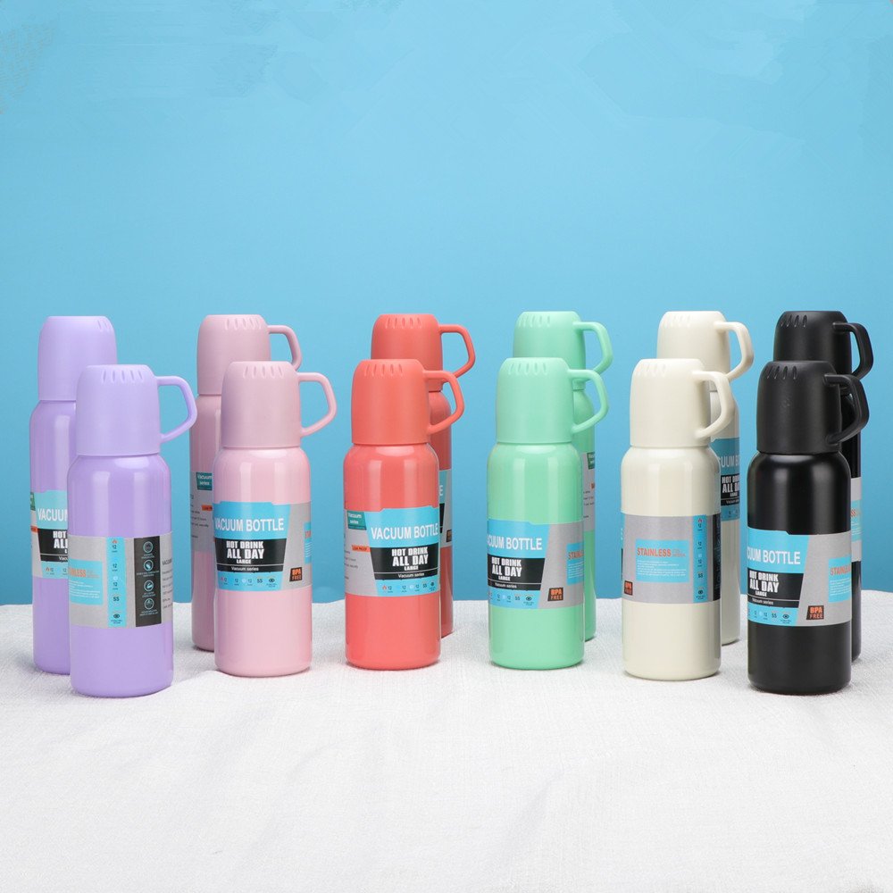 hot sale gift double wall water bottle stainless steel 500ml bullet thermo vacuum flask set termos with 2 cups customized colors
