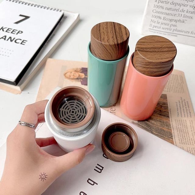Custom Logo Termo 500ml Wood Grain Lid Cup 304 Stainless Steel Double Wall Insulated Thermos Flask Vacuum Termo Cup Water Bottle