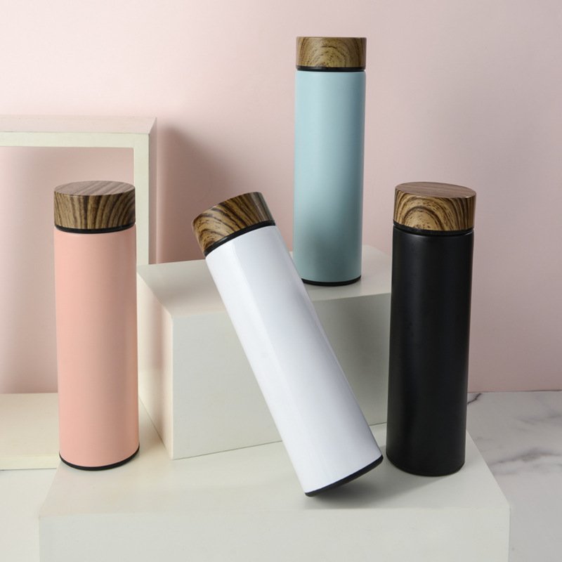 Custom Logo Termo 500ml Wood Grain Lid Cup 304 Stainless Steel Double Wall Insulated Thermos Flask Vacuum Termo Cup Water Bottle