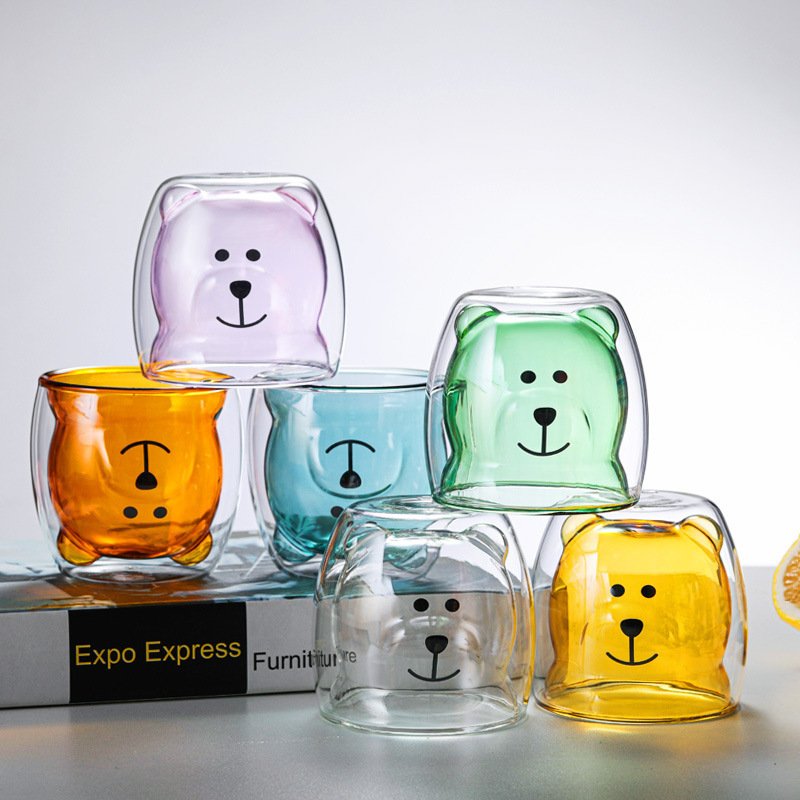 Heat Resistant Cute Bear Glass Water Cup Borosilicate Double Walled Glass Coffee Cup Mug with Handle