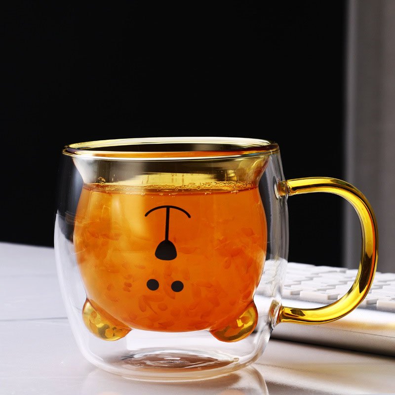 Heat Resistant Cute Bear Glass Water Cup Borosilicate Double Walled Glass Coffee Cup Mug with Handle