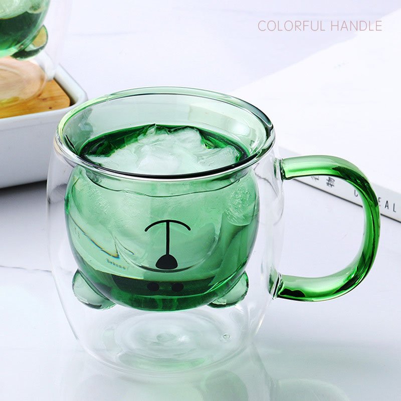 Heat Resistant Cute Bear Glass Water Cup Borosilicate Double Walled Glass Coffee Cup Mug with Handle