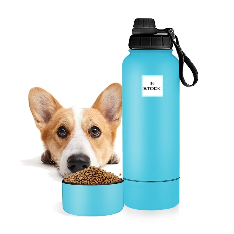 Everich wholesale Portable Dog Water Bottle 2 In 1 32oz 64oz Double Wall Stainless Steel Dog Feeder container Pet Water Bottle