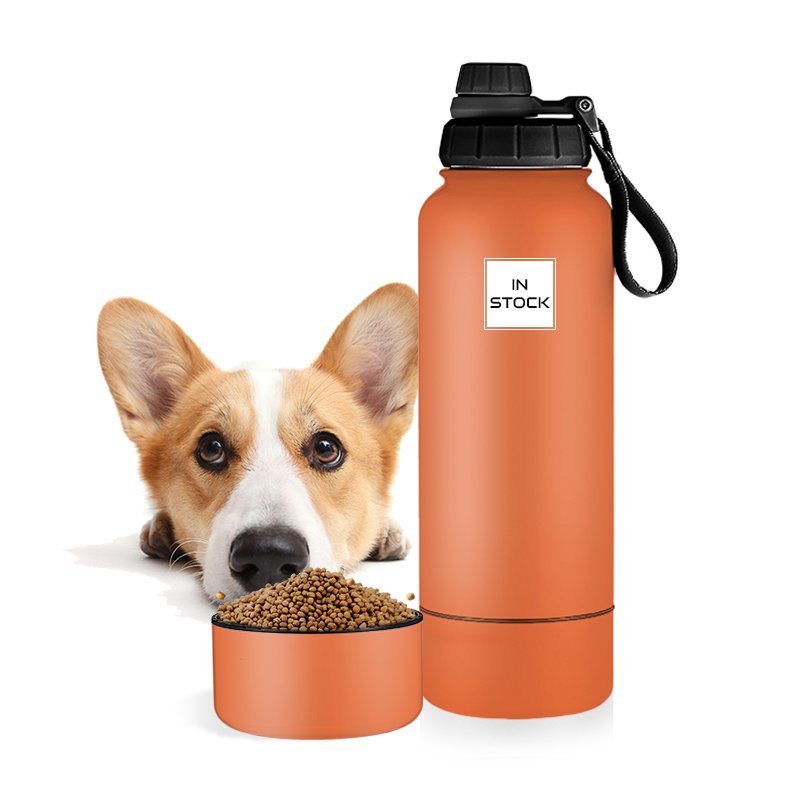 Everich wholesale Portable Dog Water Bottle 2 In 1 32oz 64oz Double Wall Stainless Steel Dog Feeder container Pet Water Bottle