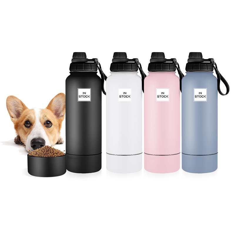 Everich wholesale Portable Dog Water Bottle 2 In 1 32oz 64oz Double Wall Stainless Steel Dog Feeder container Pet Water Bottle