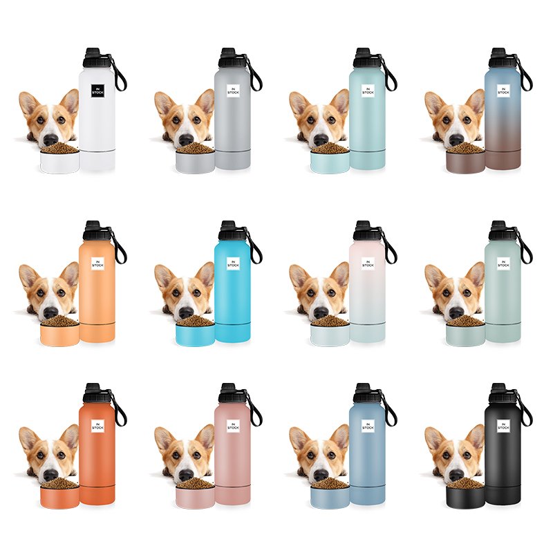 Everich wholesale Portable Dog Water Bottle 2 In 1 32oz 64oz Double Wall Stainless Steel Dog Feeder container Pet Water Bottle