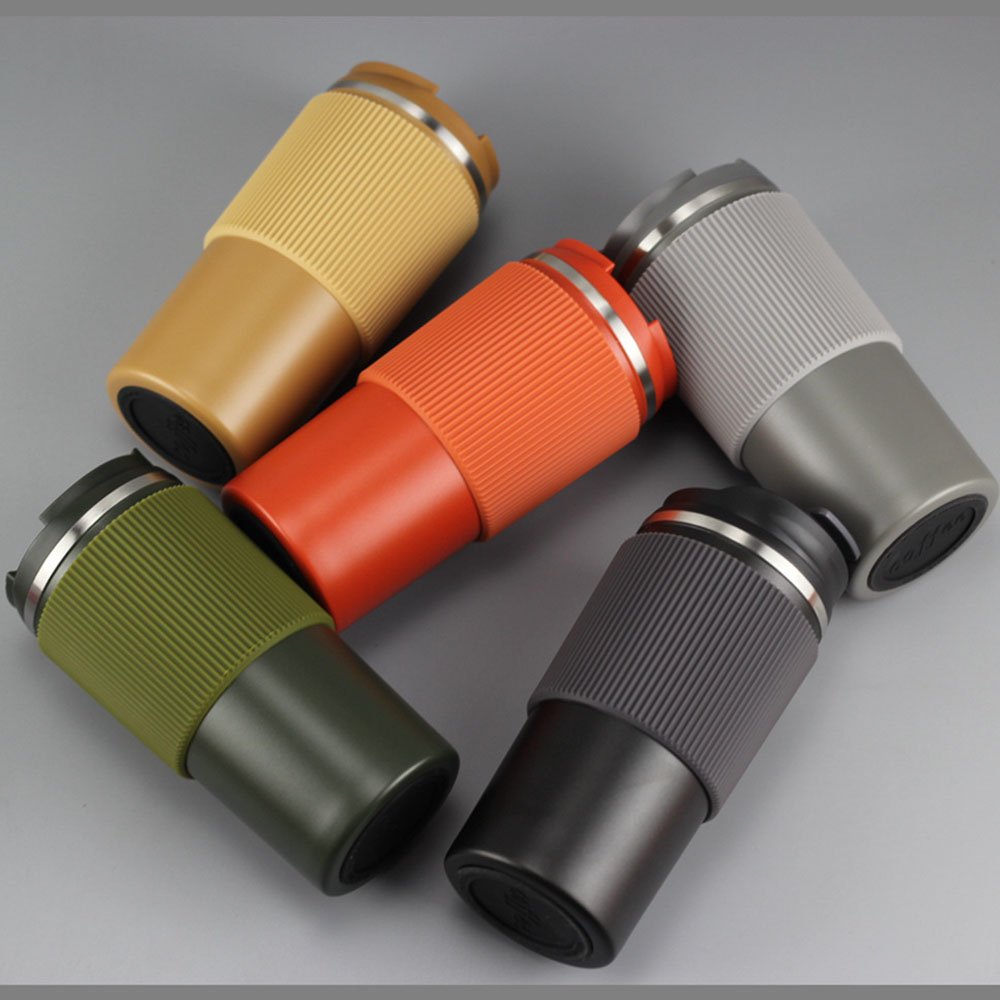 Wholesale Custom Logo Silicone Sleeve Coffee Mugs, Stainless Steel Vacuum Flask 450ML Reusable Coffee Cups