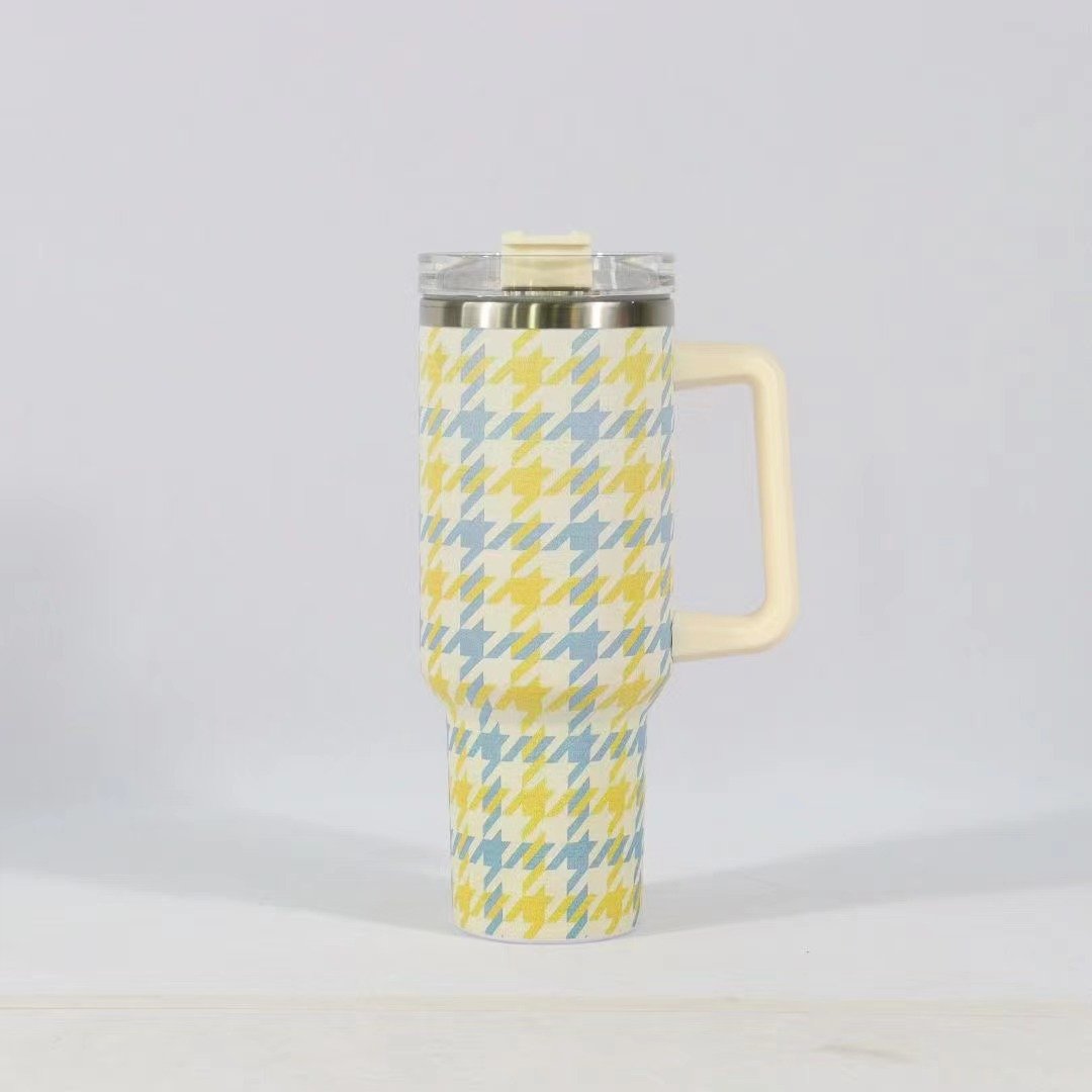 40 oz Adventure Stainless Steel Vacuum Checkered Pattern Travel Tumbler Mug With Handle