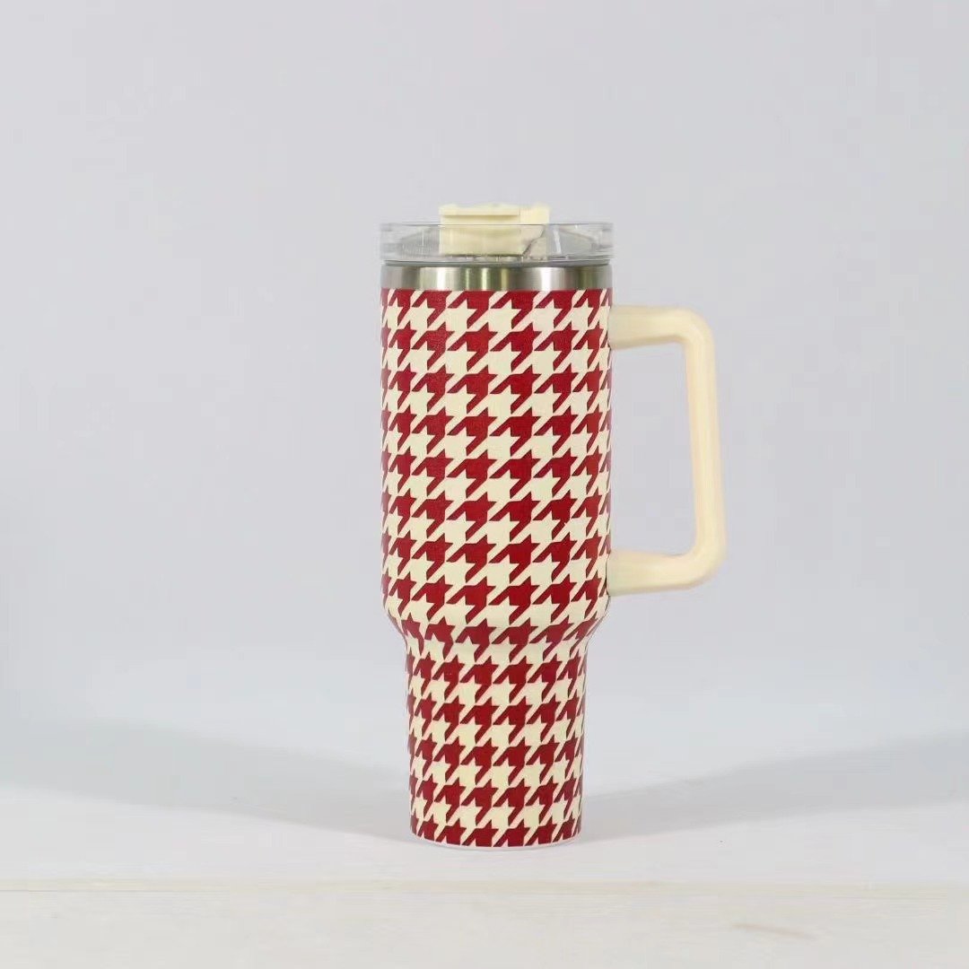 40 oz Adventure Stainless Steel Vacuum Checkered Pattern Travel Tumbler Mug With Handle