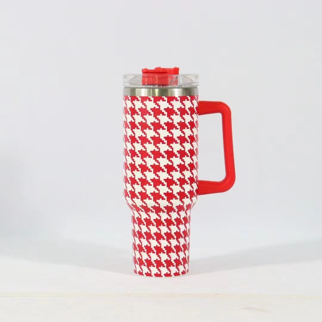 40 oz Adventure Stainless Steel Vacuum Checkered Pattern Travel Tumbler Mug With Handle
