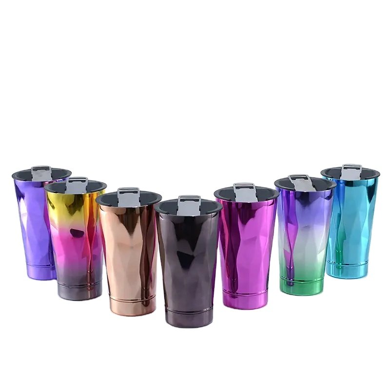 Custom Double wall Beer Mug Stainless Steel Insulated Cup 20oz Electroplated Diamond Straight Coffee Beer mug with Lid Opener