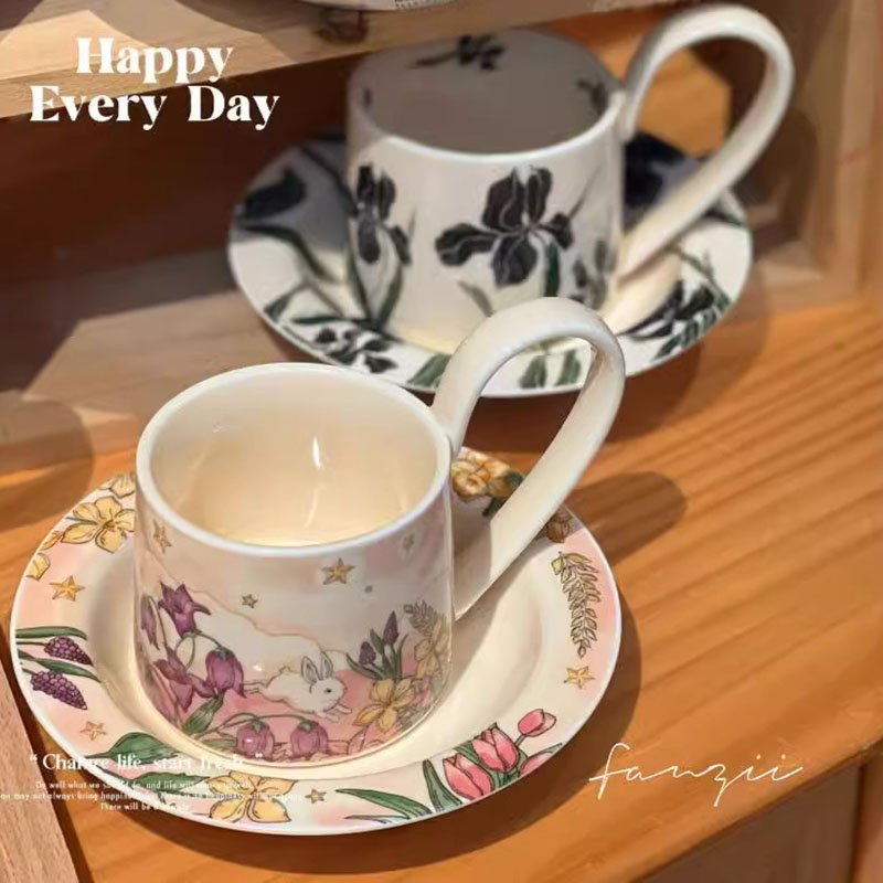 Vintage American coffee cup and saucer delicate light luxury oil painting mug
