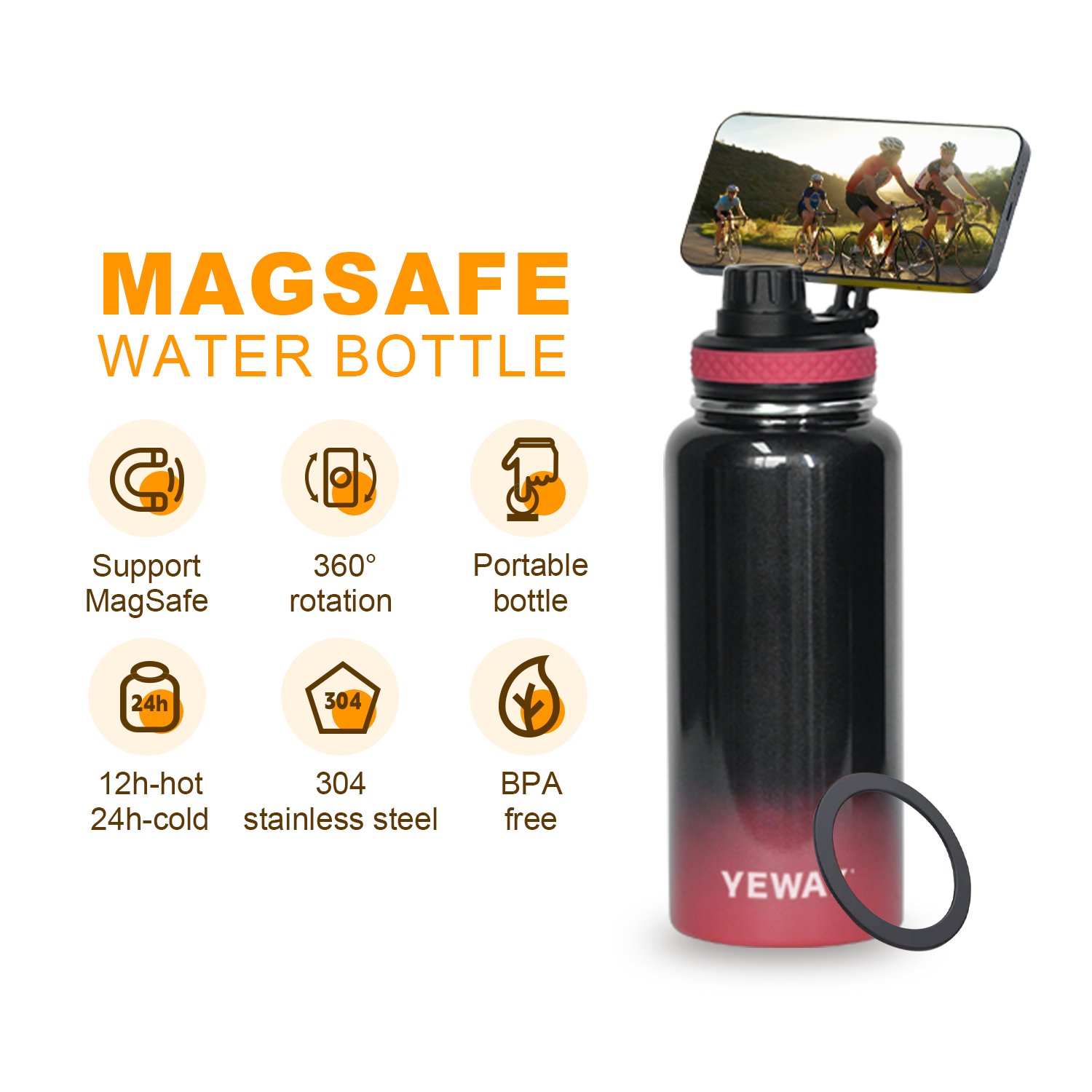 32oz Magnetic Lid Water Bottle White Sublimation Compatible with Mobile Phone Stand Holder with Mag Safe Water Bottle for yoga