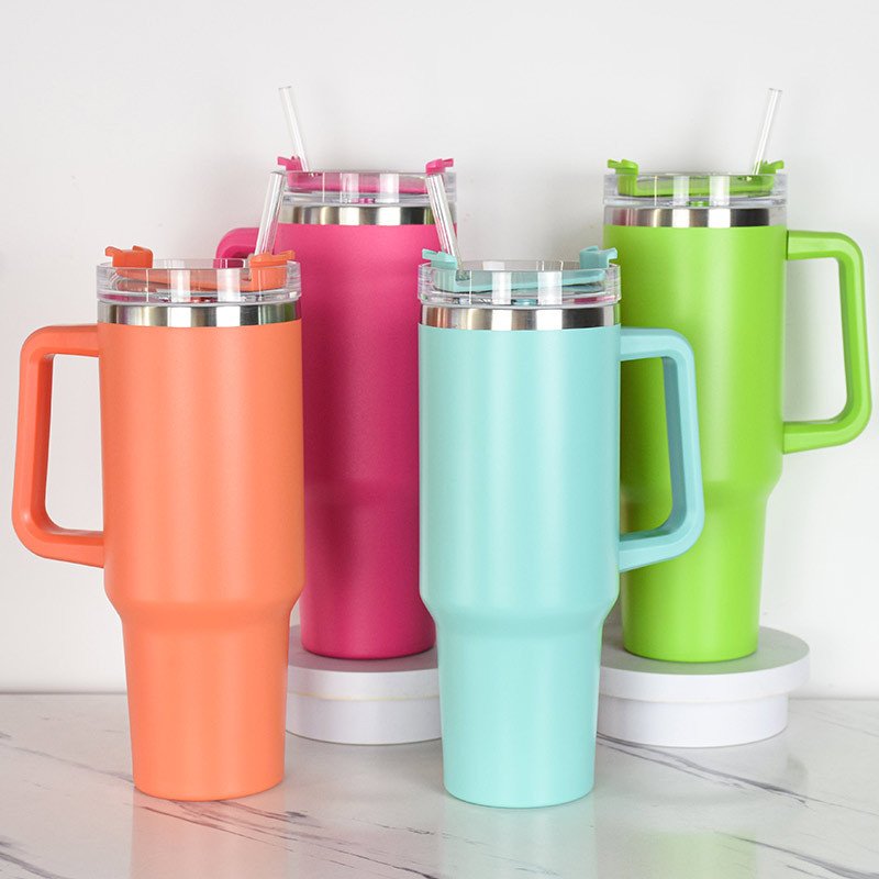 Hot Selling 40oz Powder Coated 40 oz tumbler with handle Double Wall Vacuum Insulated Coffee Mug With Handle and Straw