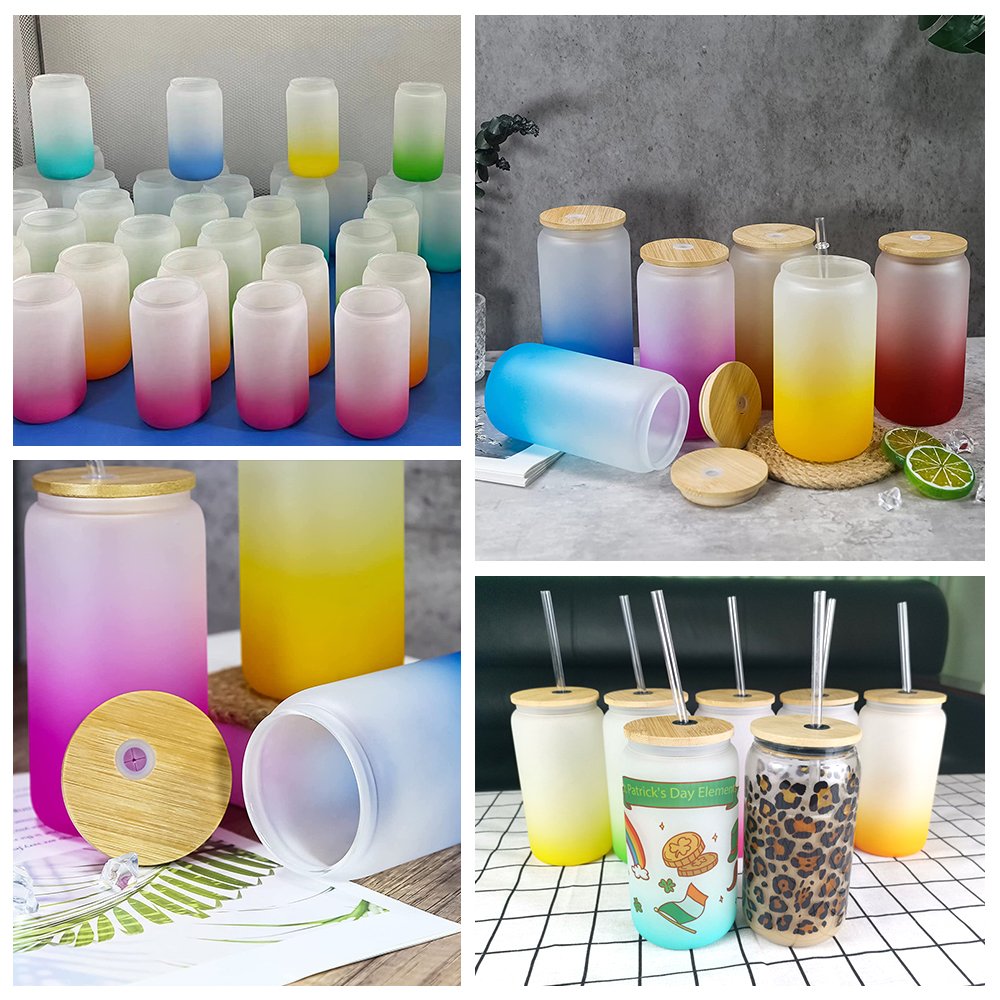 Travel Camping 500ml Sublimation Glass Mug Iridescent Thermal With Bamboo Lid And Straw