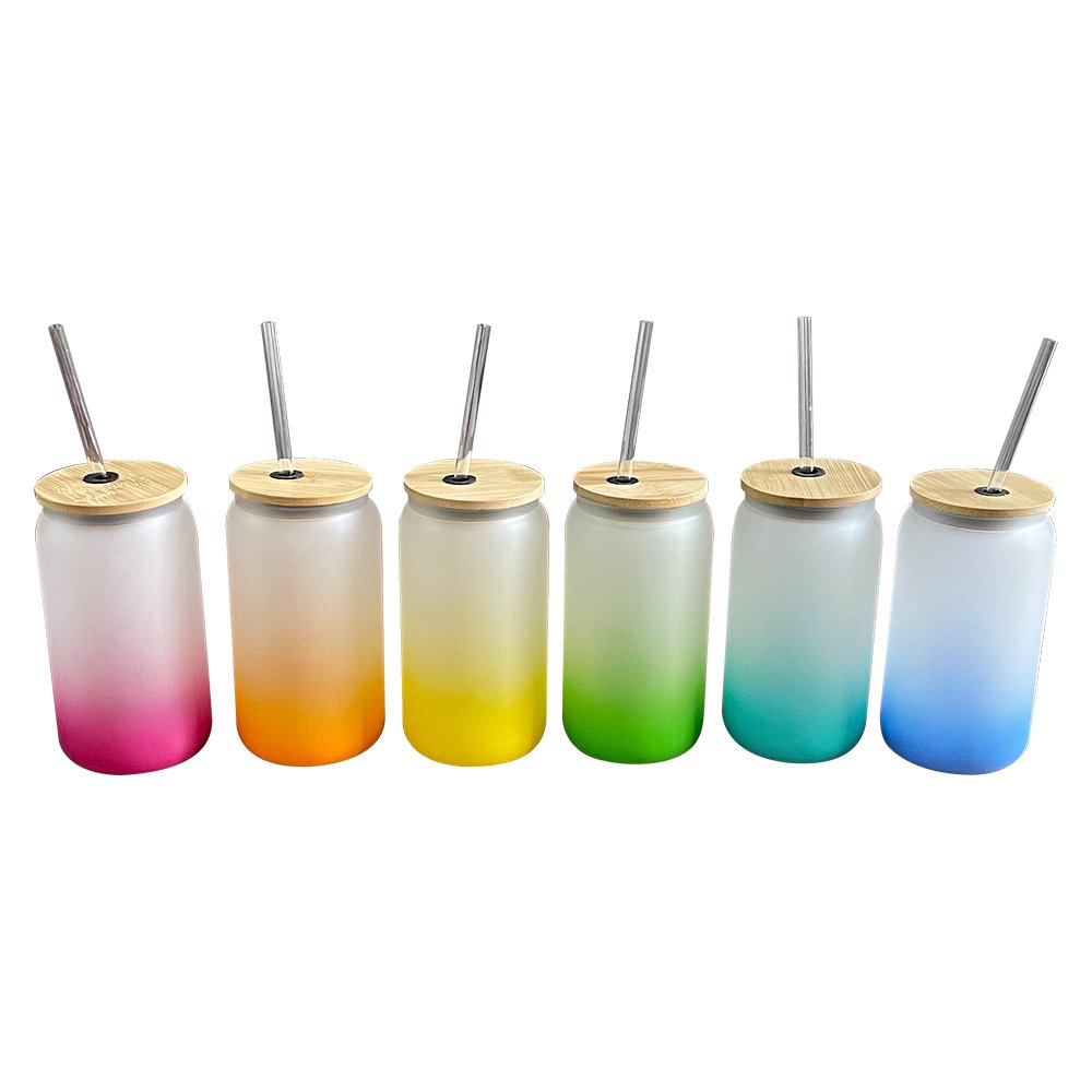 Travel Camping 500ml Sublimation Glass Mug Iridescent Thermal With Bamboo Lid And Straw