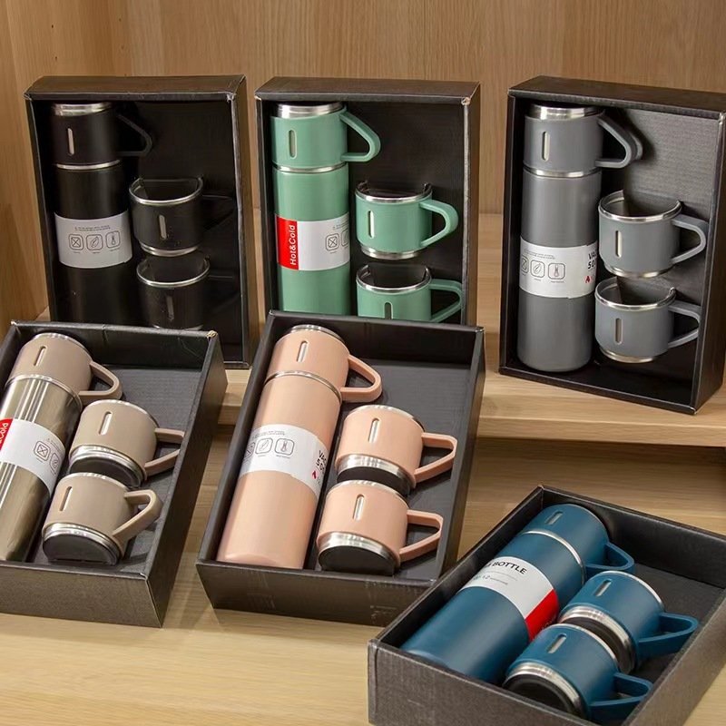 Geschenkset Flasche Mit Tasse Insulated Thermos Bottle Vacuum Flask Water Bottle Mug Tumbler Gift Set With 3 Lids