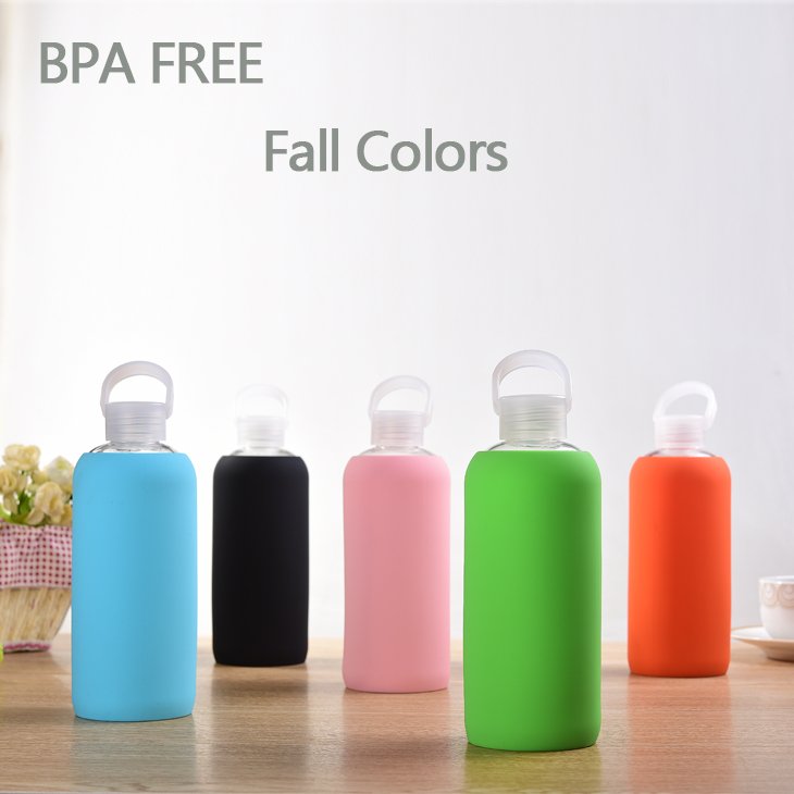 reusable custom logo on silicone sleeve glass water bottle with screw lid