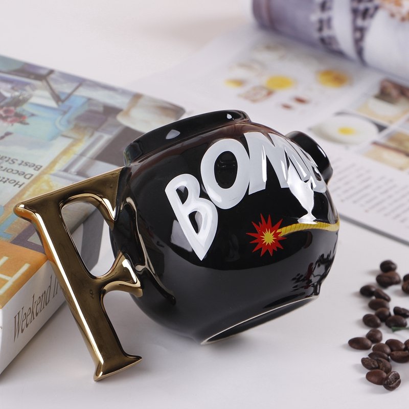 customized logo special shaped Unique Bomb Molding New Creative Black and White Ceramic 3d Mugs porcelain cups with gold handle