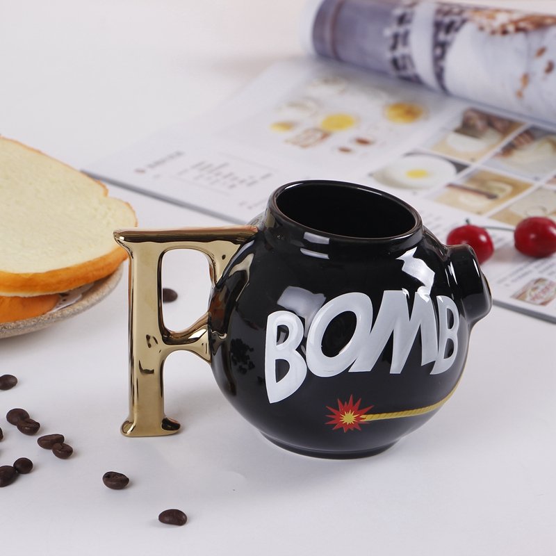 customized logo special shaped Unique Bomb Molding New Creative Black and White Ceramic 3d Mugs porcelain cups with gold handle
