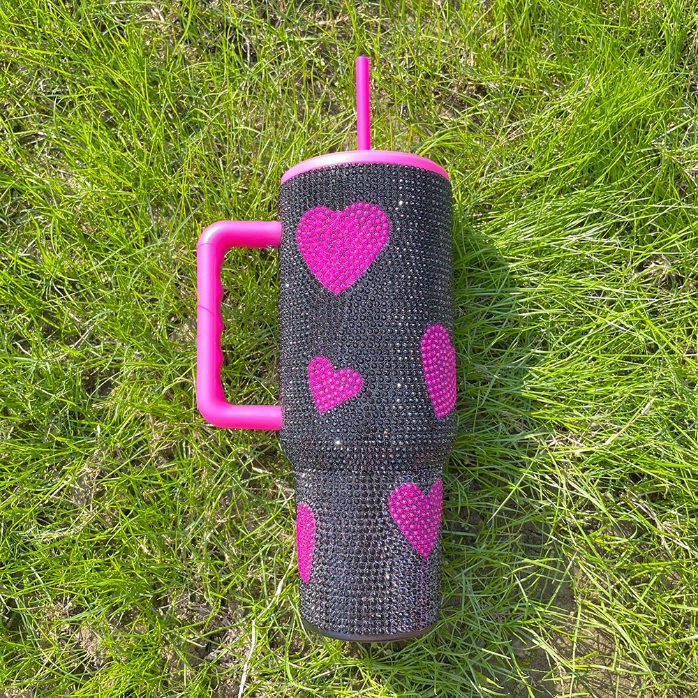 US warehouse 40oz Bling heart Water Bottle Stainless Steel Vacuum Cup Stainless shiny Tumbler Insulated Rhinestone Mug Handgrip