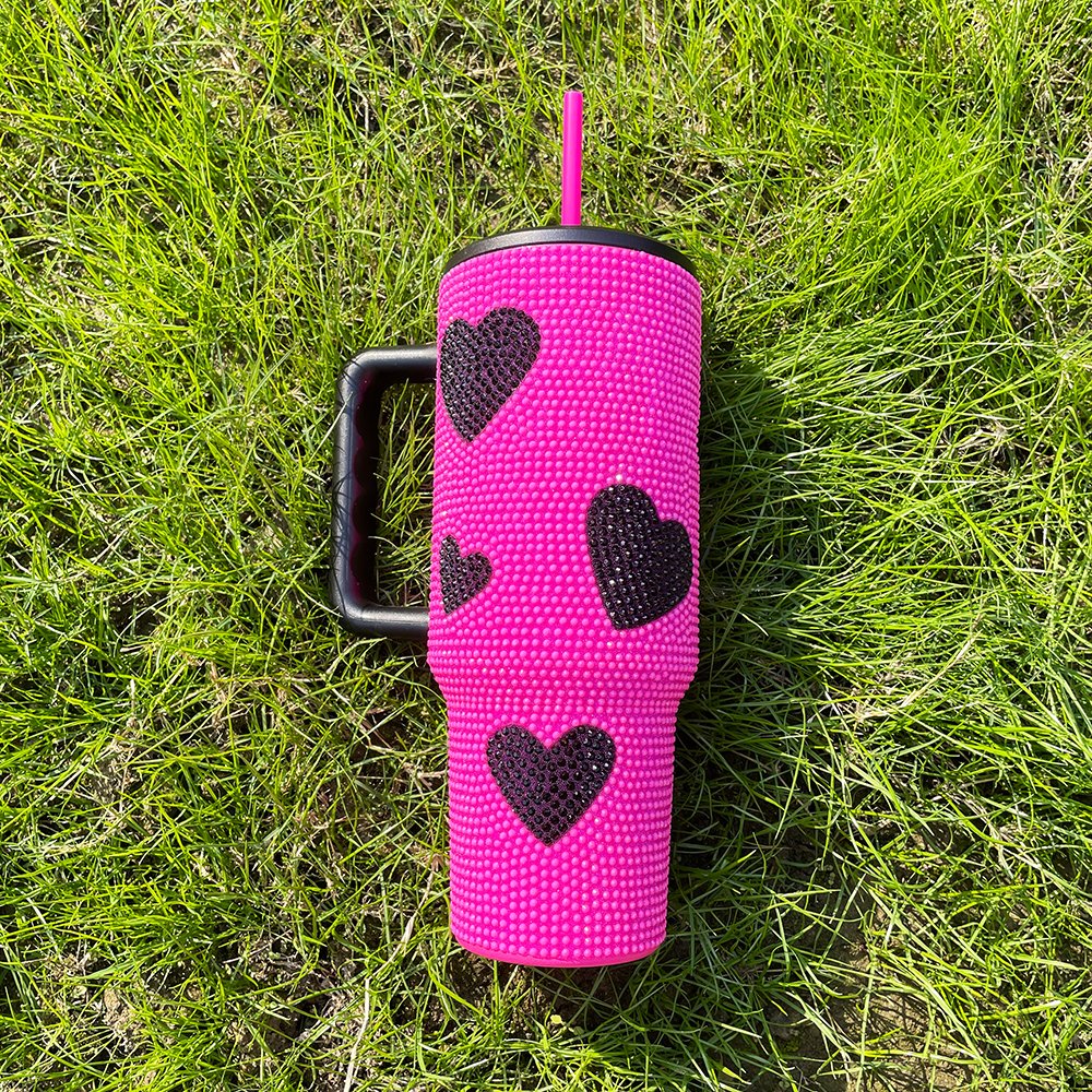 US warehouse 40oz Bling heart Water Bottle Stainless Steel Vacuum Cup Stainless shiny Tumbler Insulated Rhinestone Mug Handgrip