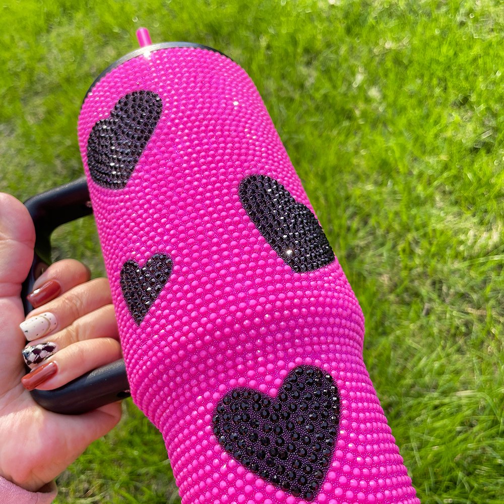 US warehouse 40oz Bling heart Water Bottle Stainless Steel Vacuum Cup Stainless shiny Tumbler Insulated Rhinestone Mug Handgrip