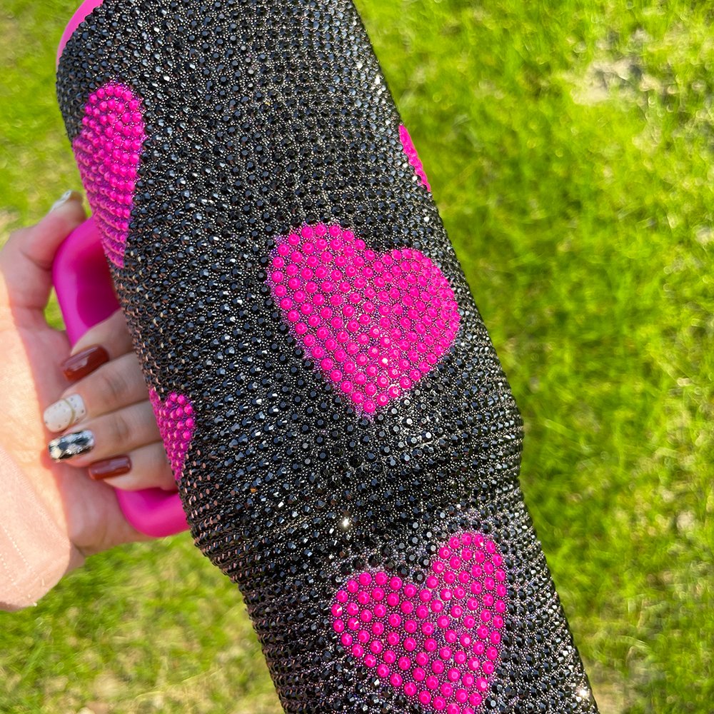 US warehouse 40oz Bling heart Water Bottle Stainless Steel Vacuum Cup Stainless shiny Tumbler Insulated Rhinestone Mug Handgrip