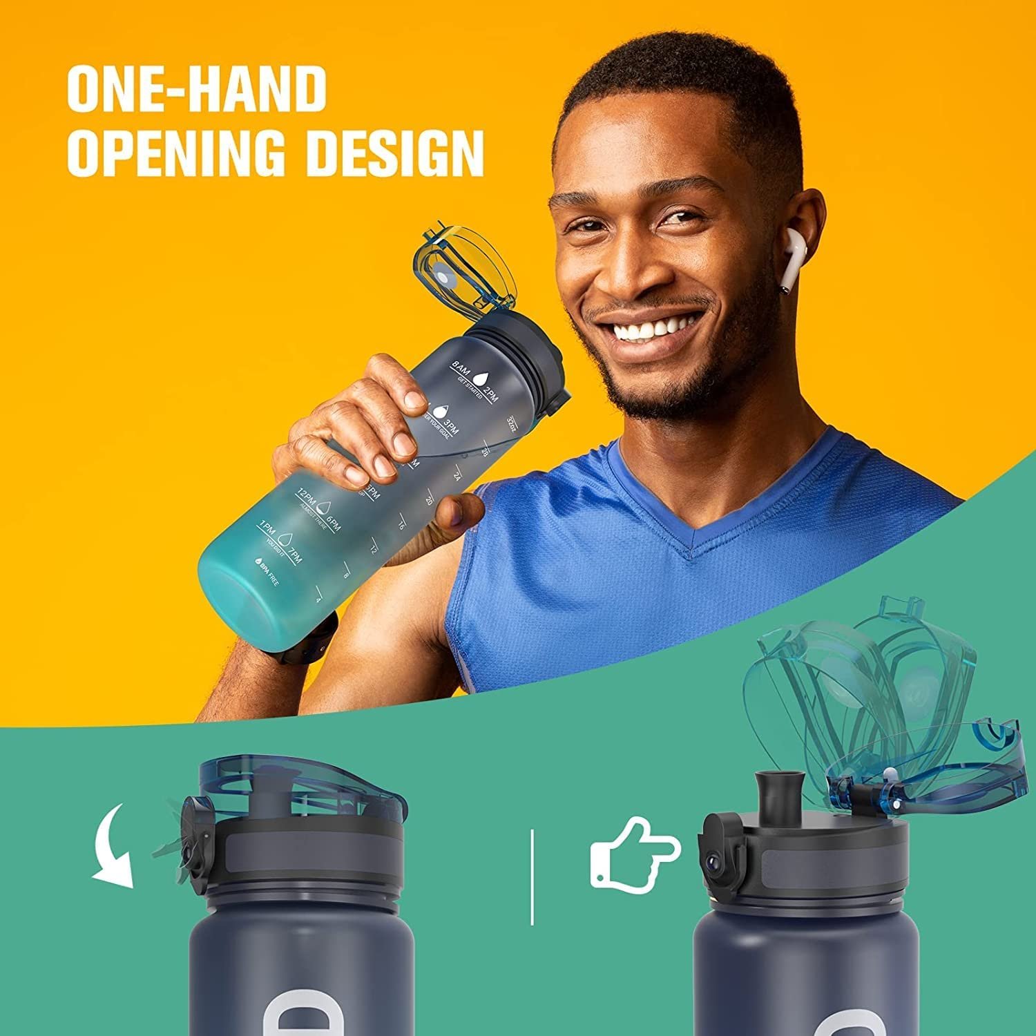 32oz Motivational Water Bottle with Time Marker Chug Lid Leak proof BPA Free Tritan Wide Mouth Custom Logo Plastic Water Bottle