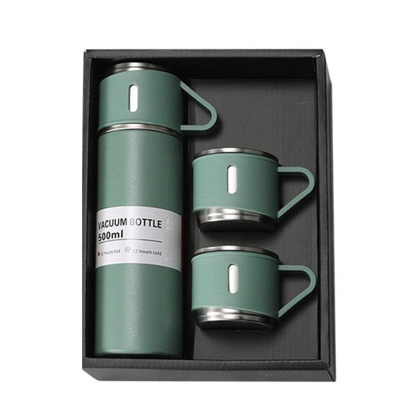 stainless steel water bottle set for gift with 2lids 1 bottle 3 cups thermos flask with base cup promotion gift custom logo