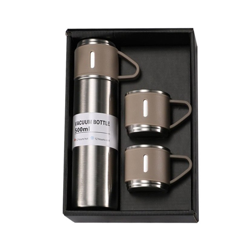 stainless steel water bottle set for gift with 2lids 1 bottle 3 cups thermos flask with base cup promotion gift custom logo