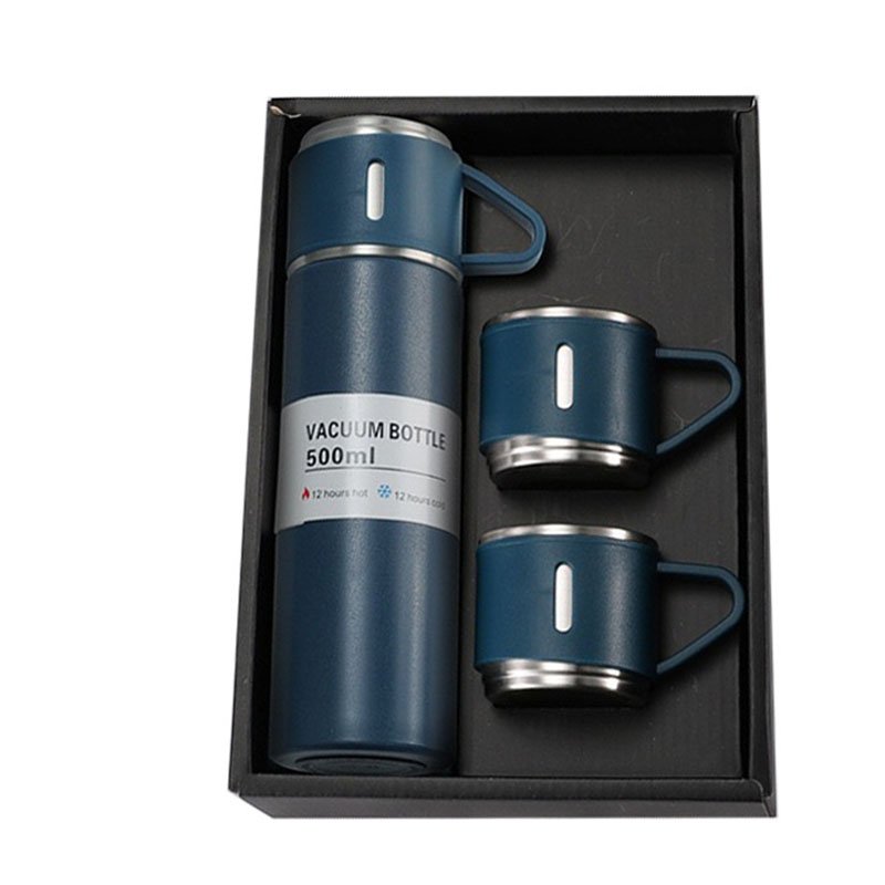 stainless steel water bottle set for gift with 2lids 1 bottle 3 cups thermos flask with base cup promotion gift custom logo