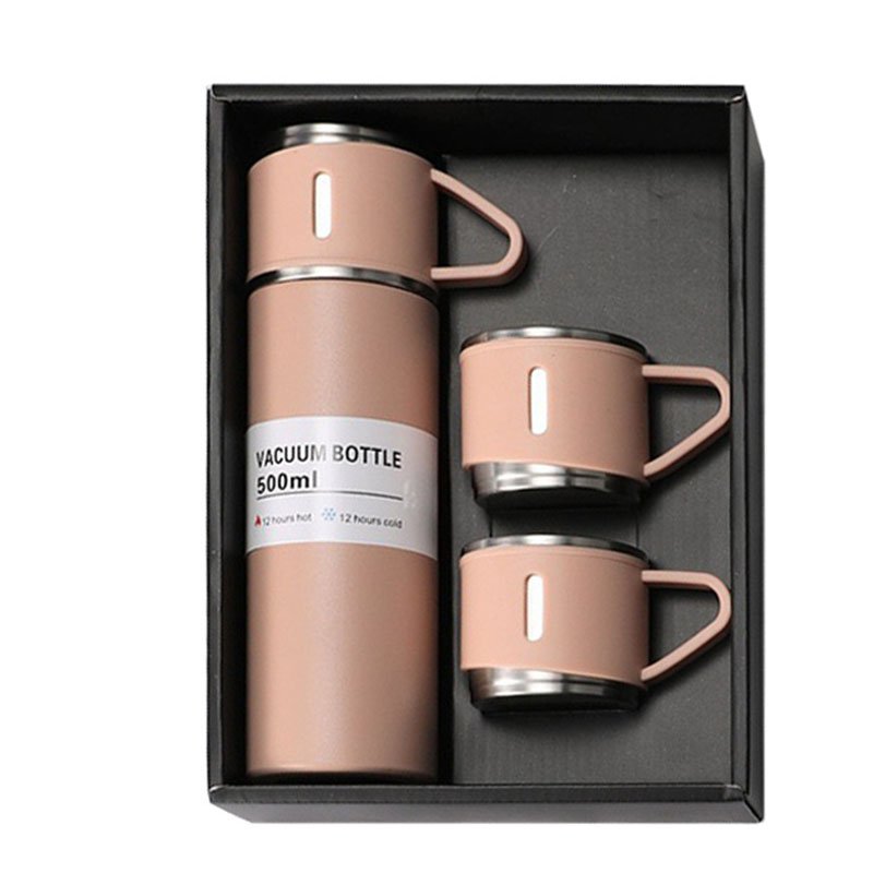 stainless steel water bottle set for gift with 2lids 1 bottle 3 cups thermos flask with base cup promotion gift custom logo