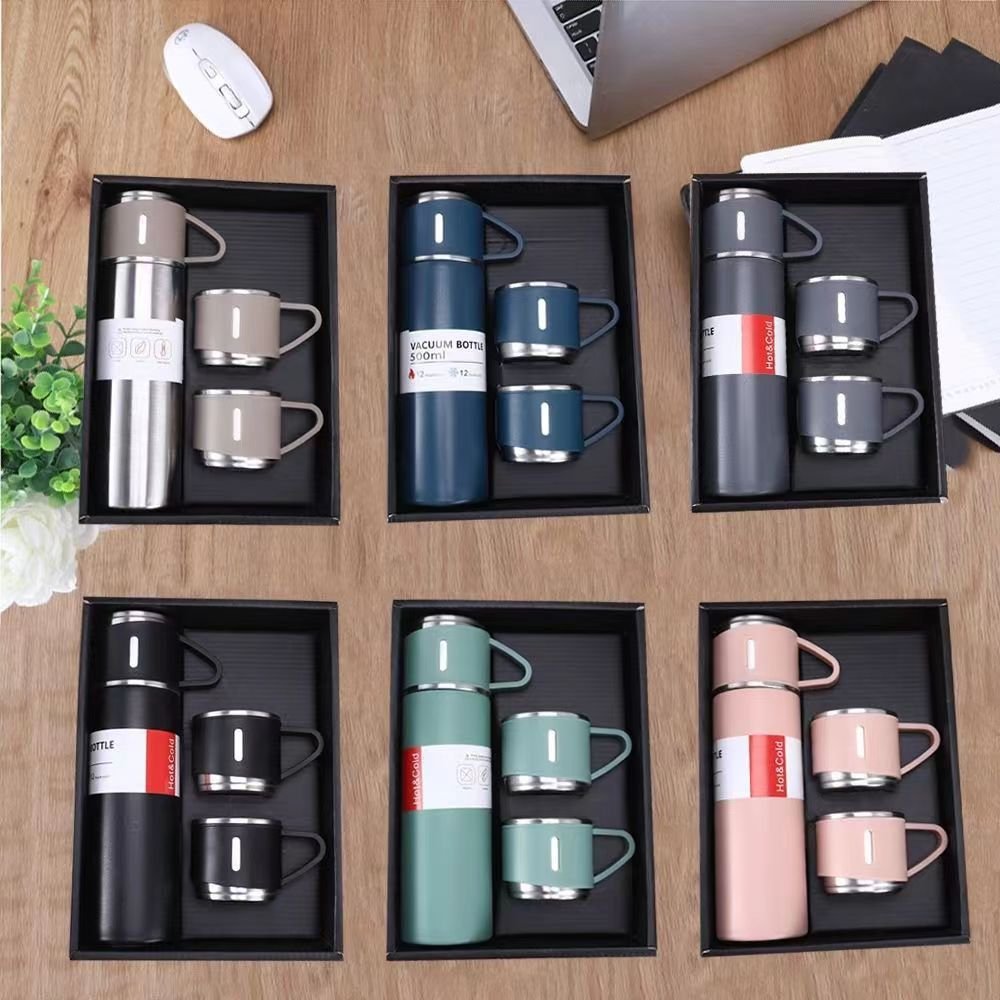 stainless steel water bottle set for gift with 2lids 1 bottle 3 cups thermos flask with base cup promotion gift custom logo