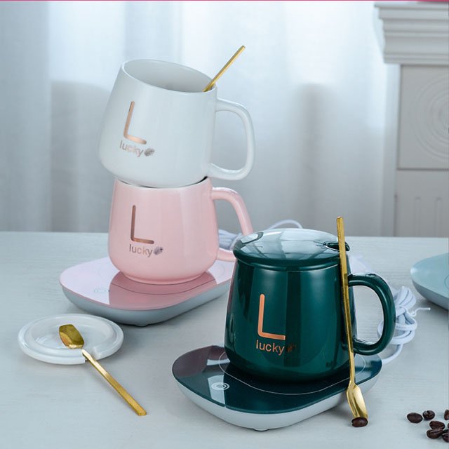 Custom Logo USB Office Home Gift Smart Ceramic Warmer Cup Heater Heating Pad Temperature Control Water Coffee Mug Set