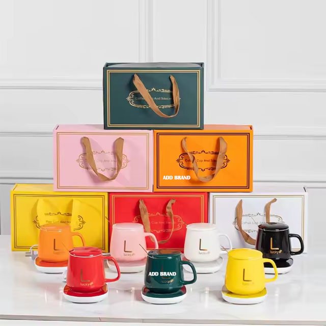 Custom Logo USB Office Home Gift Smart Ceramic Warmer Cup Heater Heating Pad Temperature Control Water Coffee Mug Set