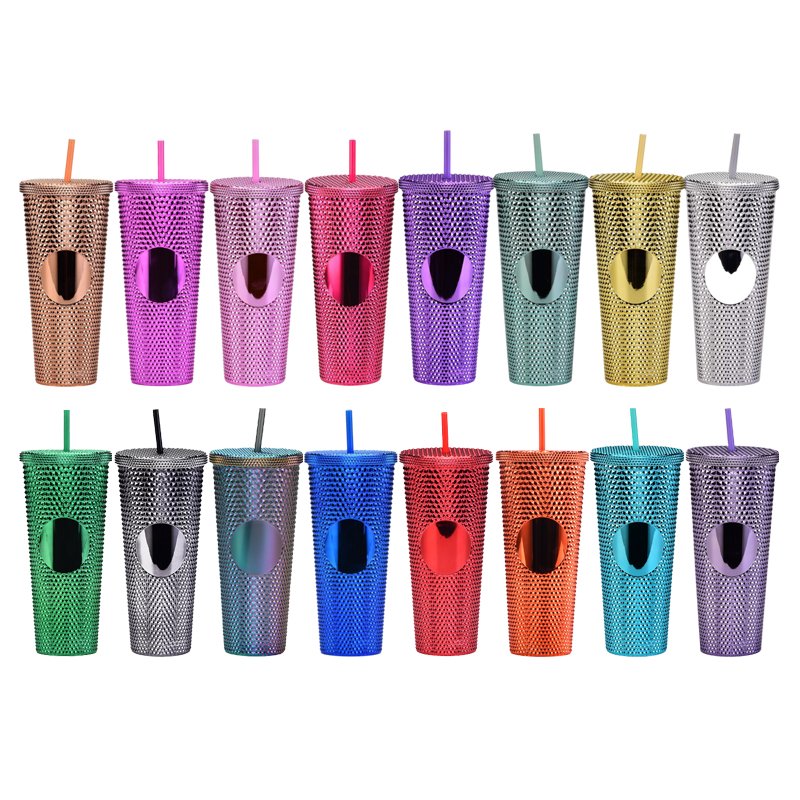 24oz Reusable Cup with Lid and Straw Double Wall Matte Plastic Studded Tumbler Acrylic Coffee Mug Customized Logo