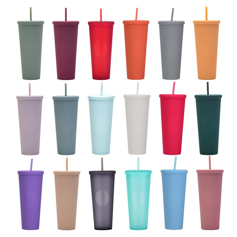 24oz Reusable Cup with Lid and Straw Double Wall Matte Plastic Studded Tumbler Acrylic Coffee Mug Customized Logo